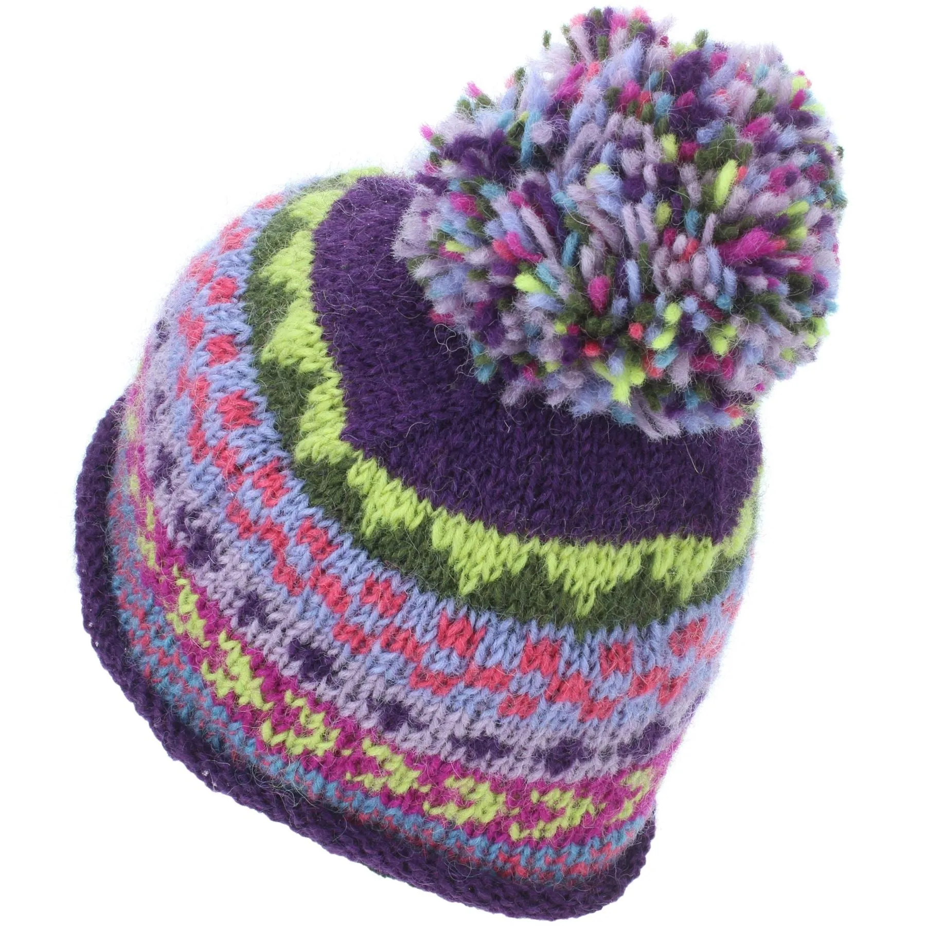 Wool Knit Beanie Bobble Hat - Chevron - Purple