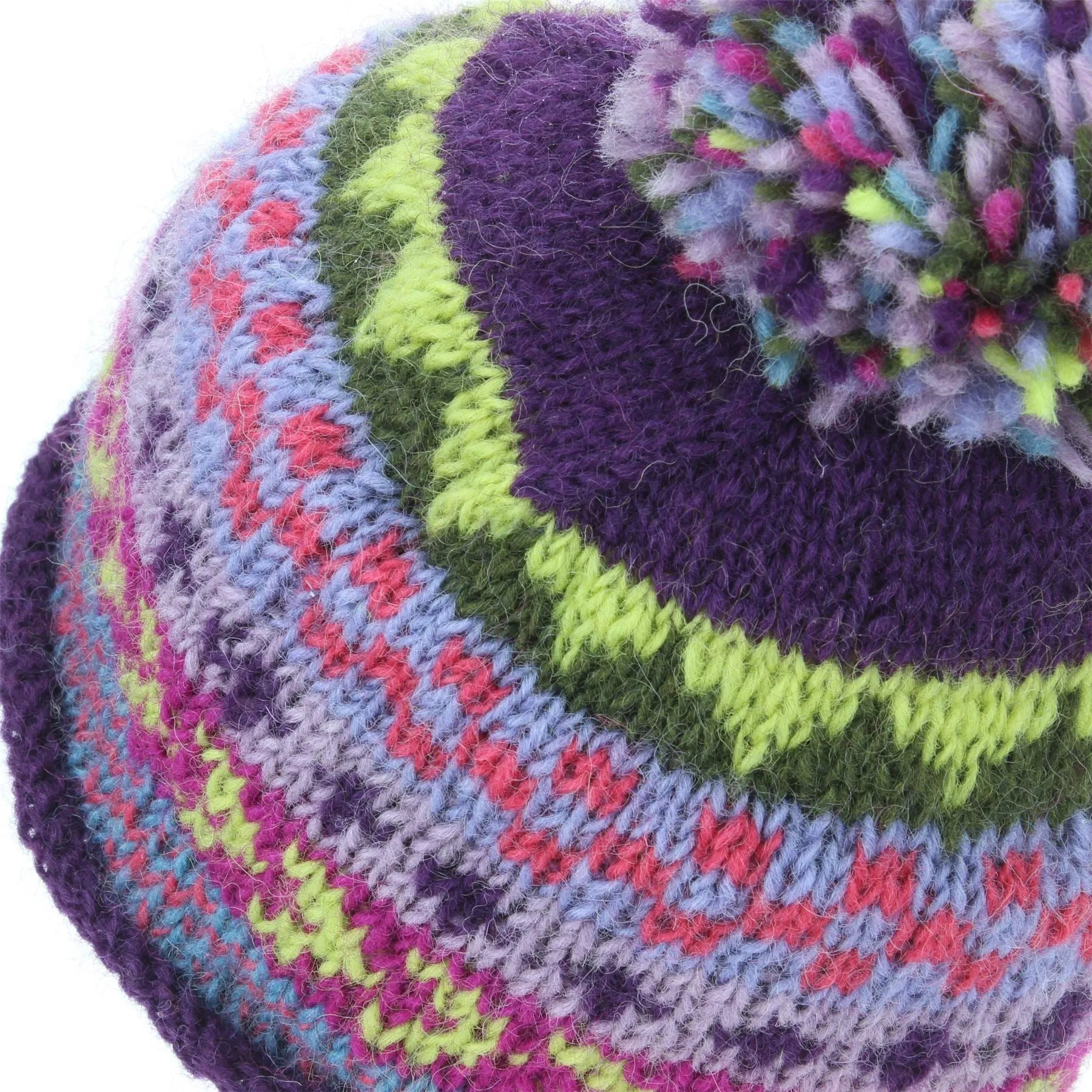 Wool Knit Beanie Bobble Hat - Chevron - Purple