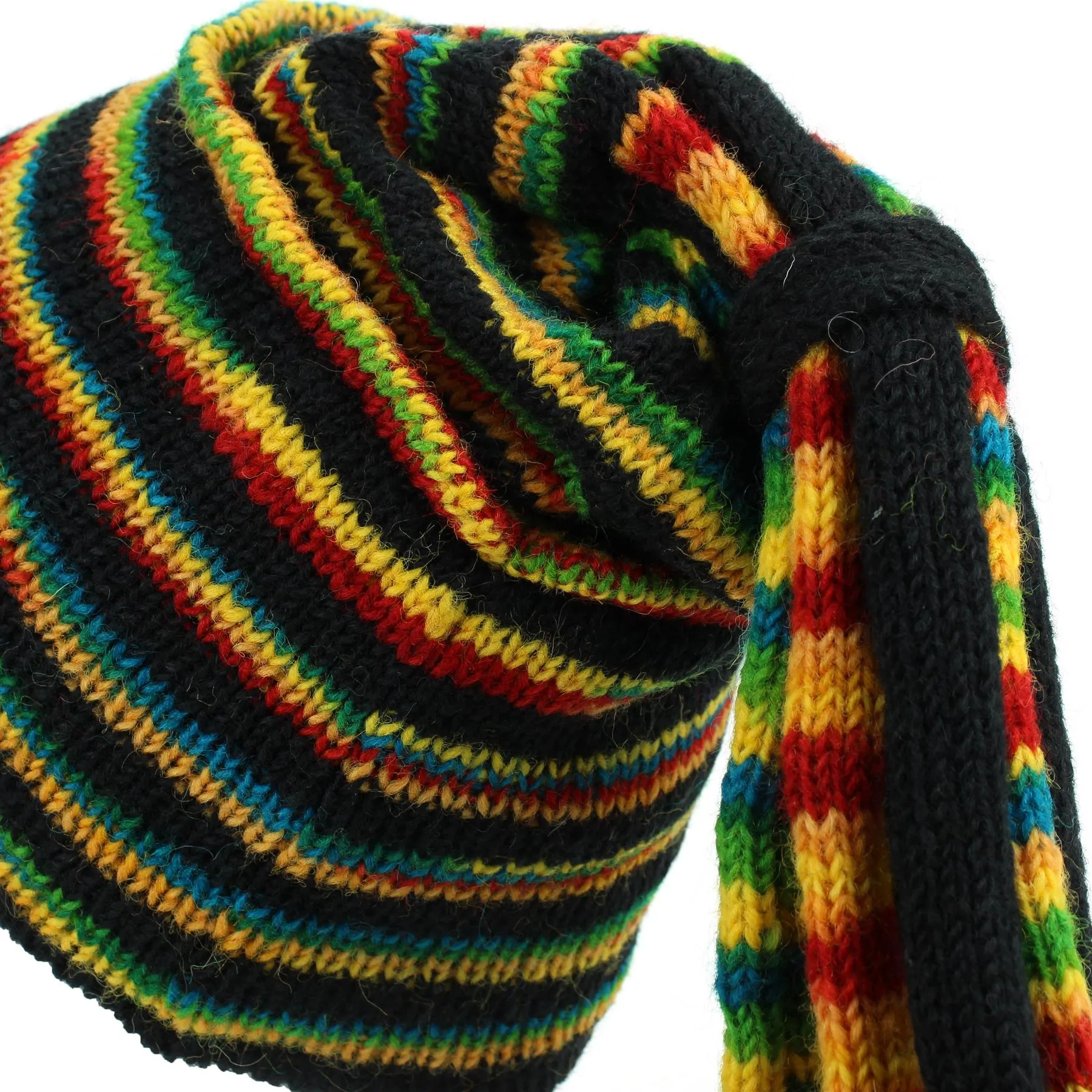Wool Knit 'Fountain' Tassels Beanie Hat - Black & Rainbow