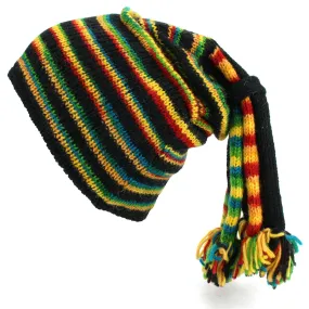 Wool Knit 'Fountain' Tassels Beanie Hat - Black & Rainbow