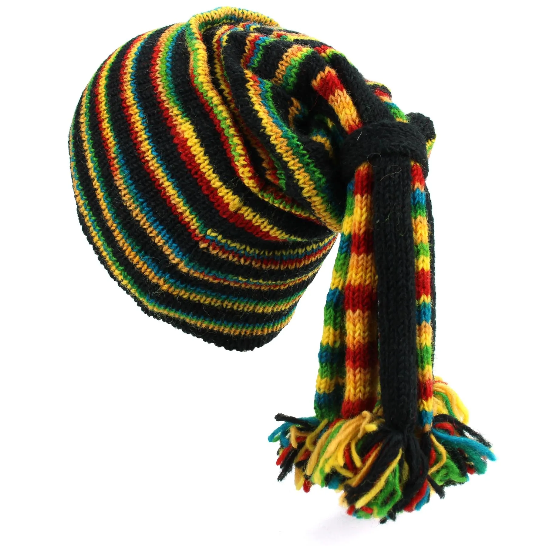 Wool Knit 'Fountain' Tassels Beanie Hat - Black & Rainbow