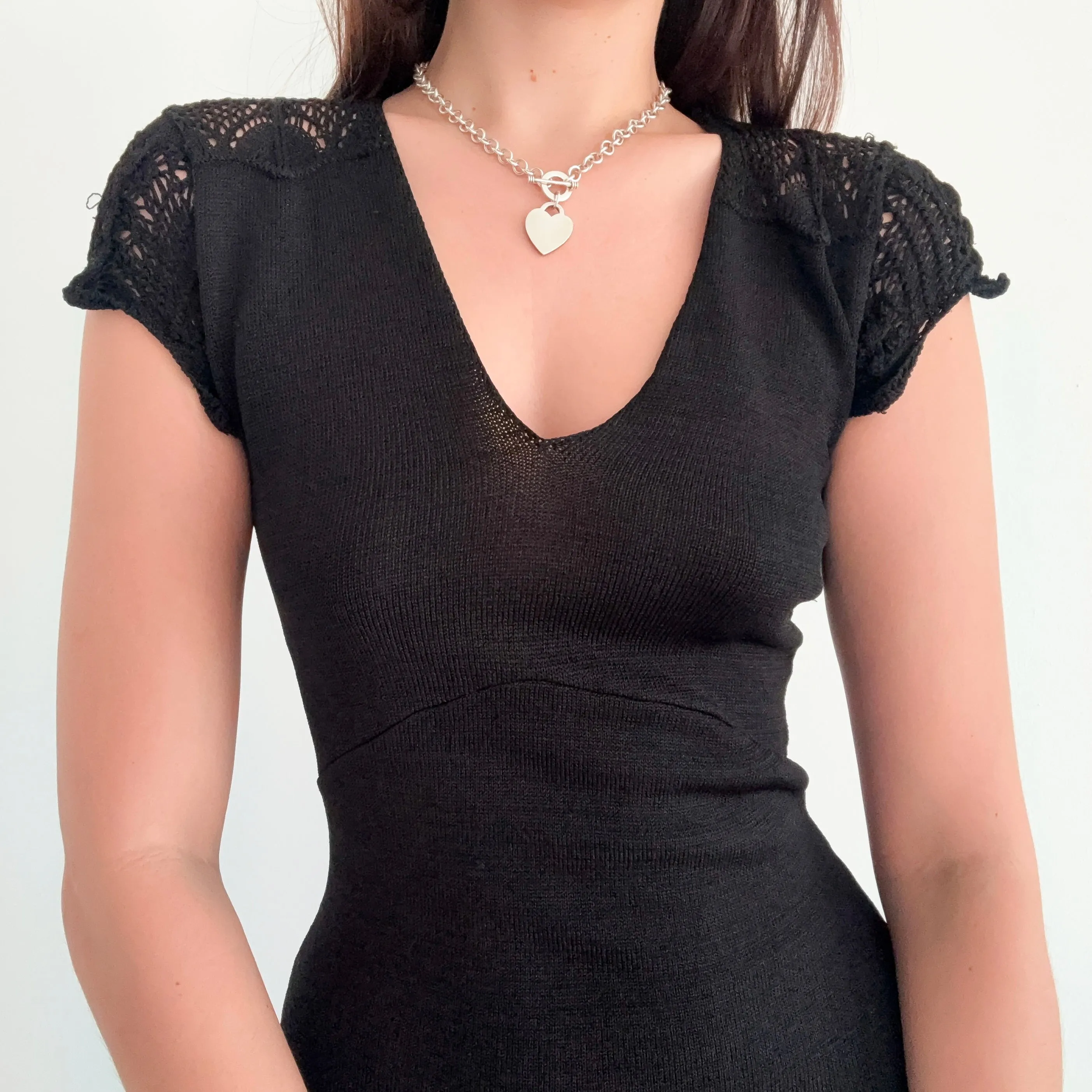 Y2K Black Knit Crochet Midi Dress / SZ S-M