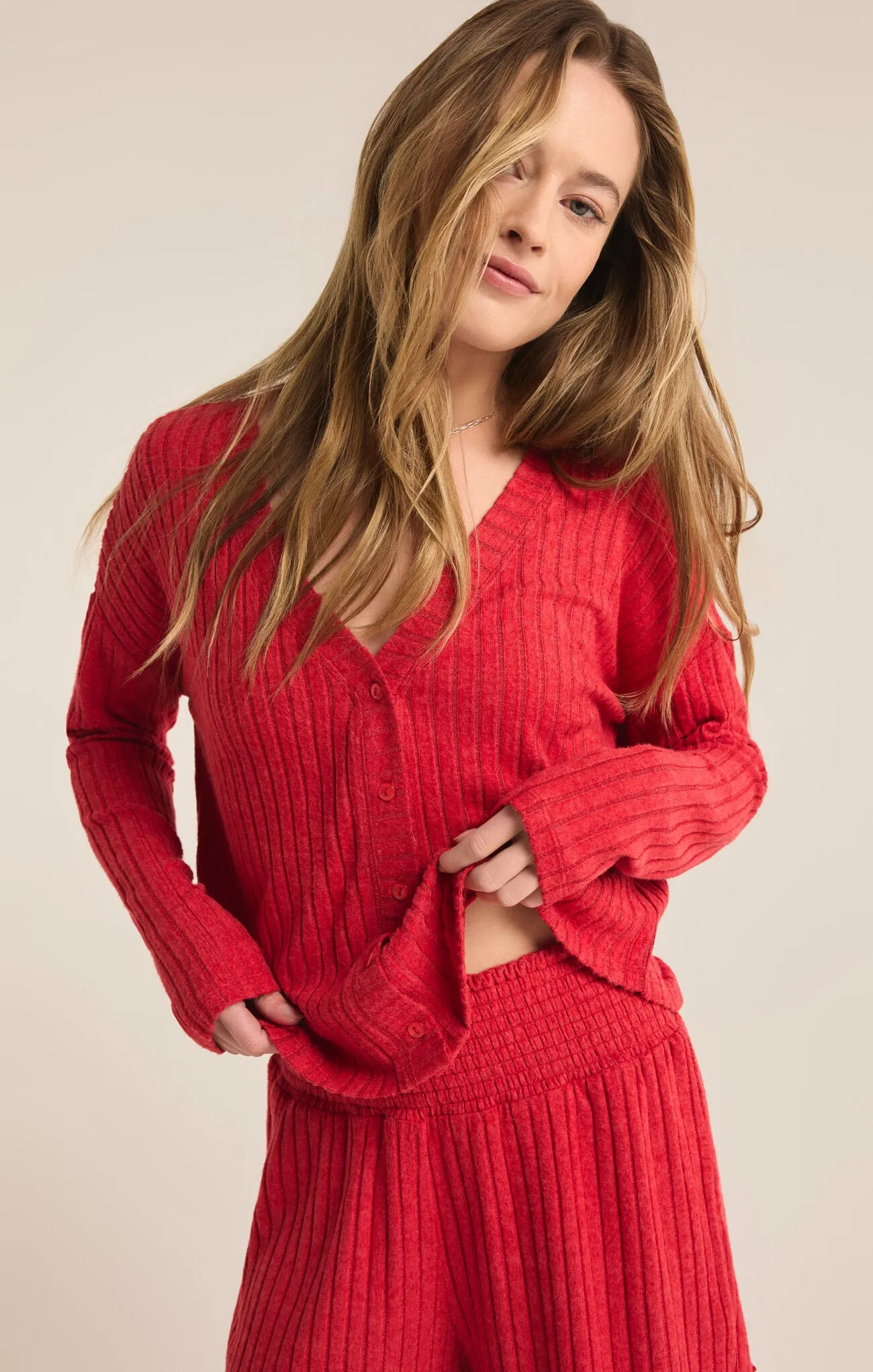 ZSUPPLY Mara long sleeve cardigan lounge top-Haute Red
