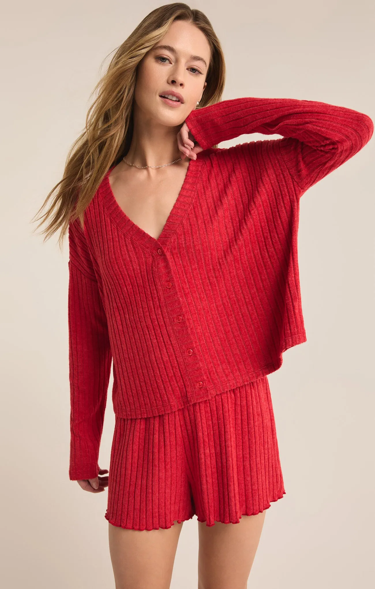 ZSUPPLY Mara long sleeve cardigan lounge top-Haute Red